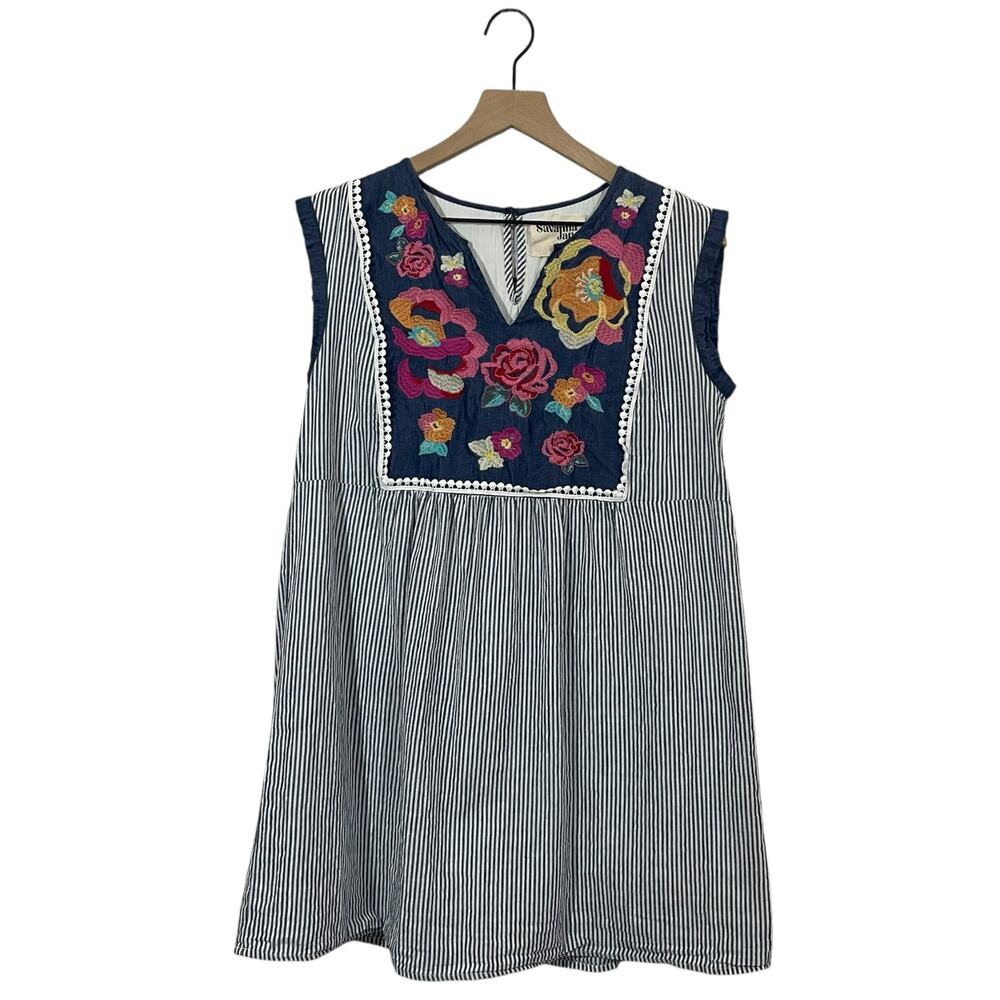 Savanna Jane Embroidered Tunic Mini Dress - Blue Multi - Medium